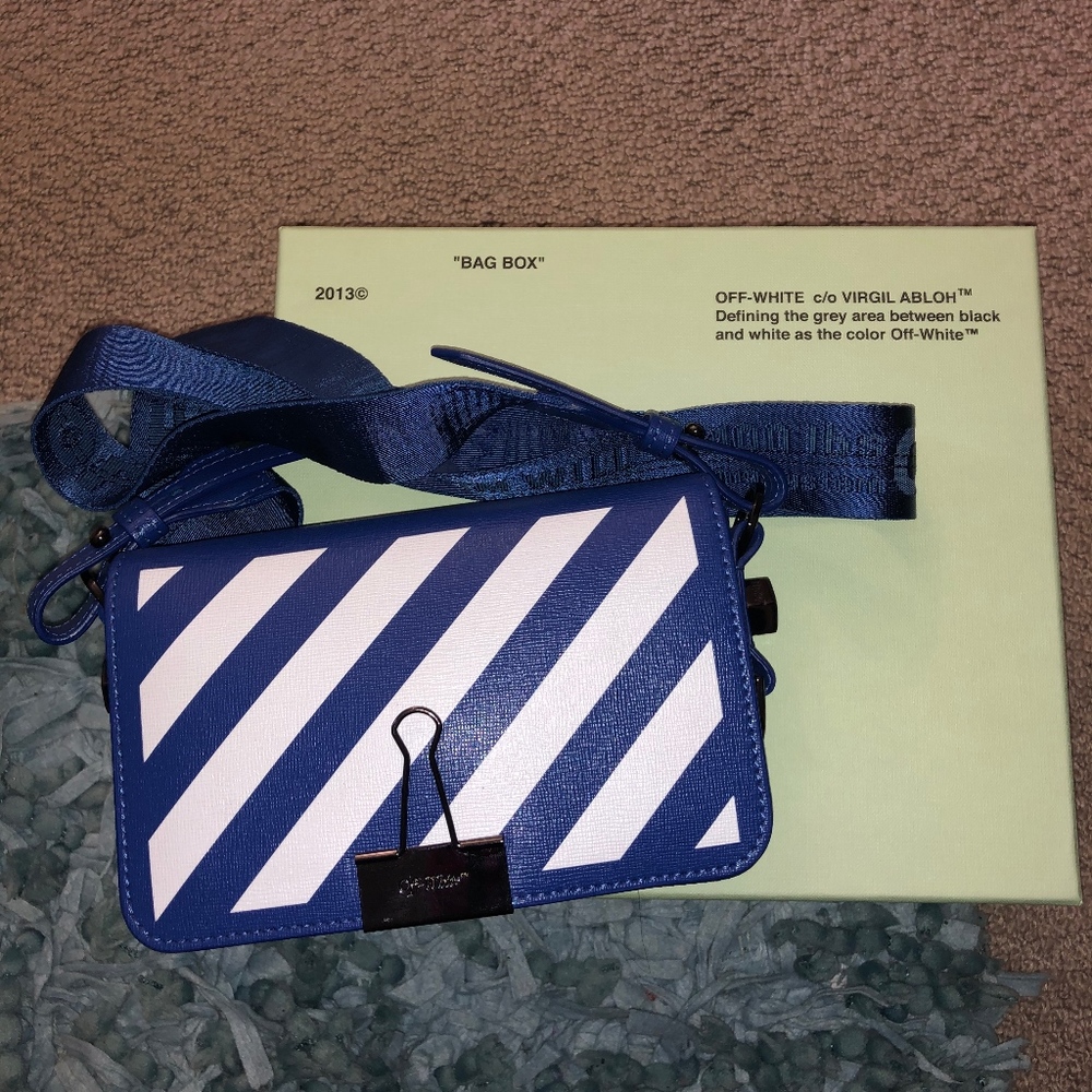 Off-White Blue and White Diagonal Stripe Mini Bag